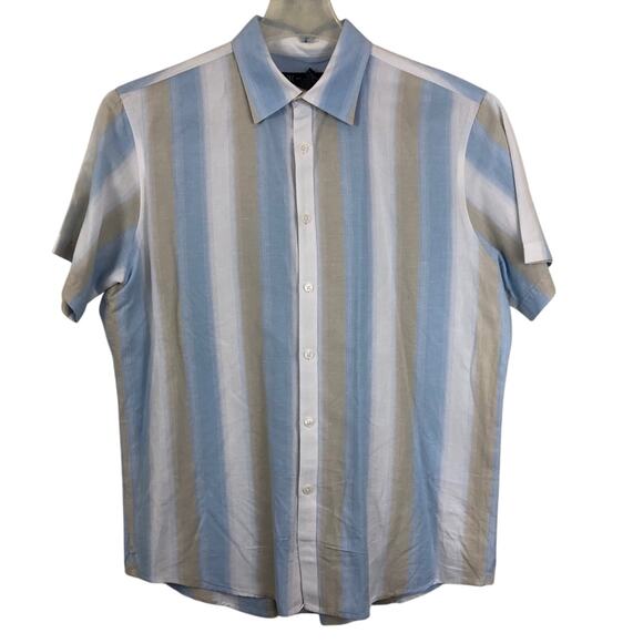 INC International Concepts Blue Tan Stripe Short Sleeve Button Front Shirt - Picture 11 of 16